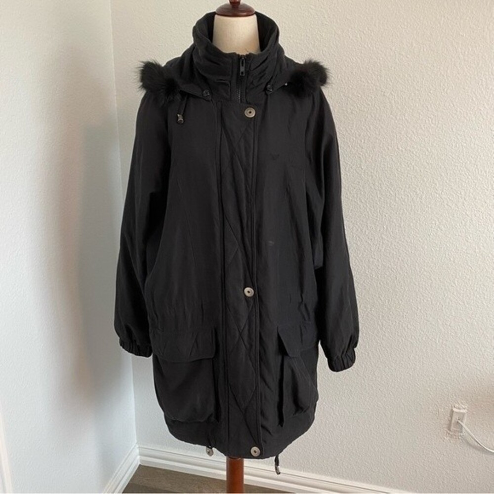 London Fog Black Parka Jacket Coat Fur Trim Removable Hood Zip Snap  M